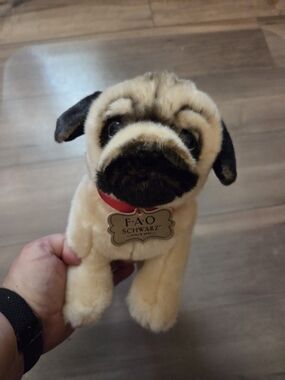 FAO Schwarz Cream and Black Plush Pug with Red Collar